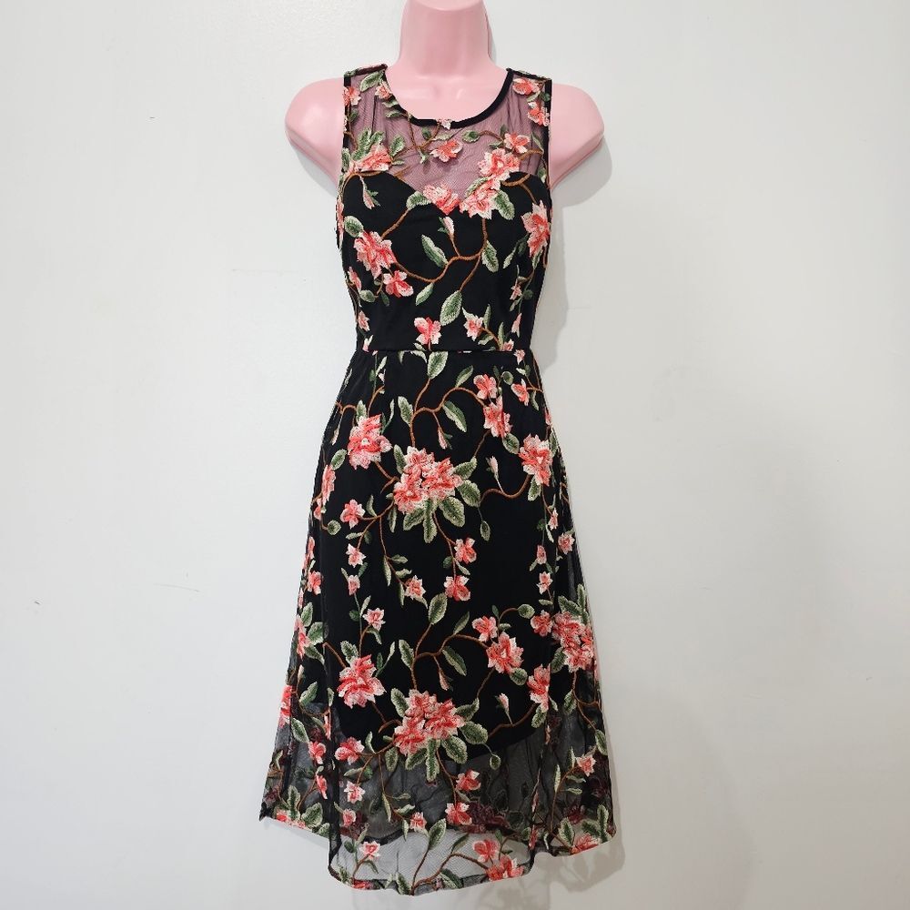 Lulu's - Dress Floral Embroidered Mesh Midi Sheath - Size S - Black Pink Green